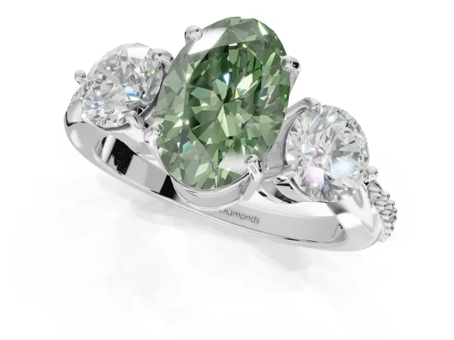 Oval Three Stone Engagement Ring Setting for a Fancy Green Lab-Grown Diamond | Tapered Pave Band | Sterling Silver – second view