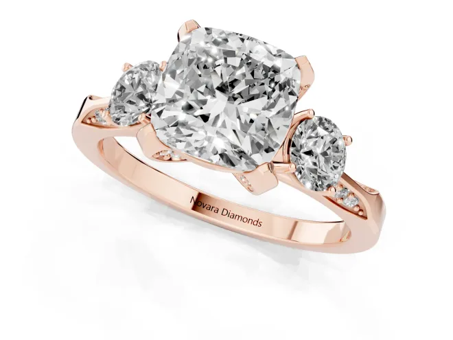Cushion Cut Diamond Three-Stone Ring Set in Rose gold with Pavé Band and Smaller Side Stones – second view