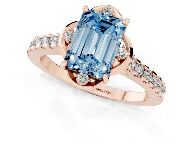Fancy Blue Emerald Cut Diamond Solitaire Ring Set in Rose gold with Pavé Band and Floral Prong Setting – second view
