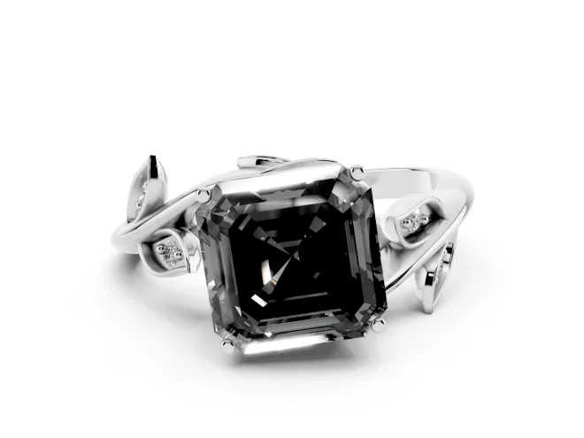 Fancy Black Asscher Cut Diamond Solitaire Twist Engagement Ring Set in White gold with Pavé Leaf Accents