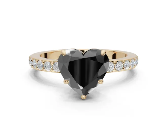 Heart-Shaped Hidden Halo Engagement Ring Setting for a Black Center | Pavé Band | Yellow Gold