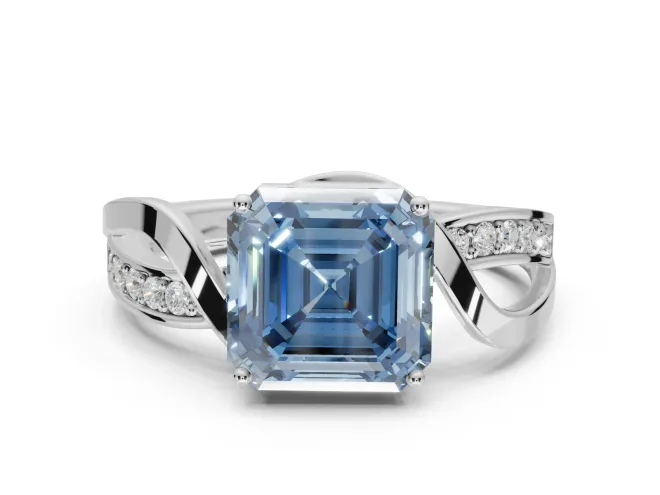 Asscher Cut Bypass Solitaire Engagement Ring Setting for a Fancy Blue Lab-Grown Diamond | Pavé Strands | Platinum