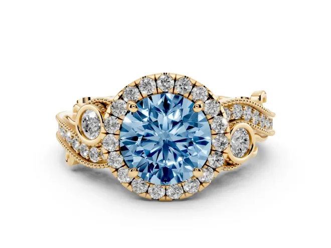 Round Vintage Halo Engagement Ring Setting for a Fancy Blue Lab-Grown Diamond | Yellow Gold