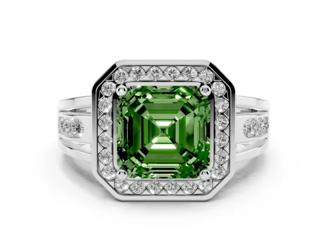 Fancy Green Asscher Cut Diamond Halo Ring Set in Platinum with Pavé and Bezel Accent Split Shank