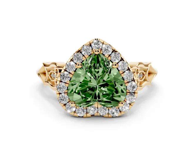 Heart-Shaped Halo Engagement Ring Setting for a Fancy Green Lab-Grown Diamond | Filigree Shoulders | Yellow Gold