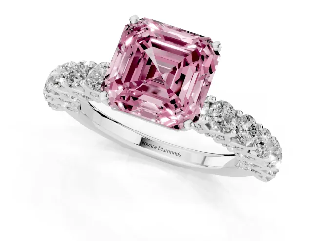 Fancy Pink Asscher Cut Diamond Solitaire Ring Set in White gold with Shared Prong Pavé Band – second view