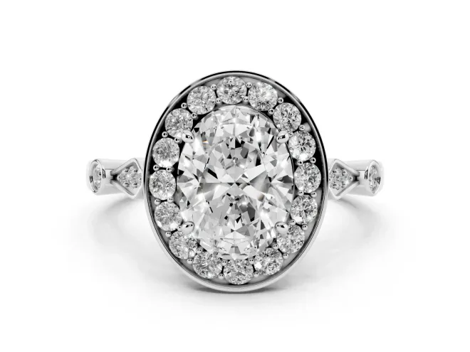 Oval Cut Diamond Halo Engagement Ring Set in Silver with Twisted Band and Prong Setting