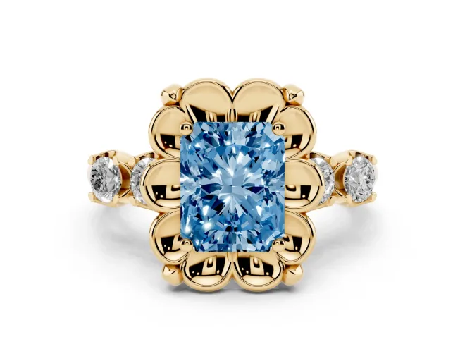 Radiant Cut Floral Engagement Ring Setting for a Fancy Blue Lab-Grown Diamond | Petal Frame | Yellow Gold