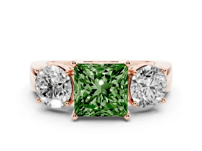 Princess Cut Three Stone Engagement Ring Setting for a Fancy Green Lab-Grown Diamond | Wide Plain Band | Rose Gold