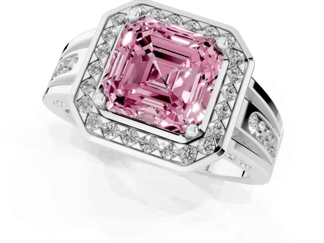 Fancy Pink Asscher Cut Diamond Halo Ring Set in White gold with Pavé and Bezel Accent Split Shank – second view