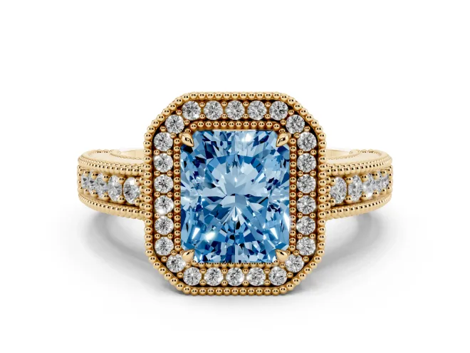 Radiant Cut Milgrain Halo Engagement Ring Setting for a Fancy Blue Lab-Grown Diamond | Carved Leaf Detail | Yellow Gold