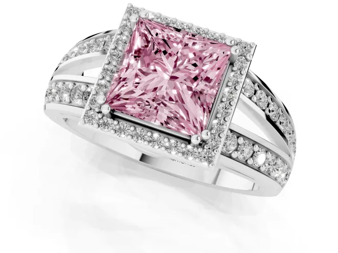 Fancy Pink Princess Cut Diamond Halo Ring Set in Silver with Double Pavé Split Shank – second view