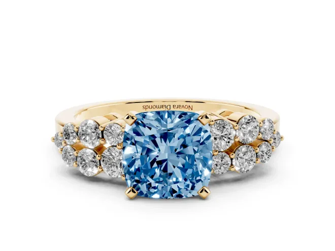 Cushion Cut Side Stone Engagement Ring Setting for a Fancy Blue Lab-Grown Diamond | Shoulder Clusters | Yellow Gold