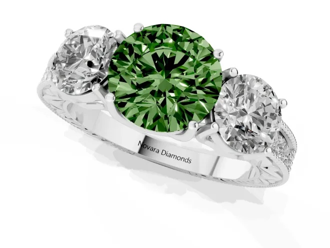 Fancy Green Round Cut Diamond Three-Stone Engagement Ring Set in White gold with Milgrain Pavé Band – second view