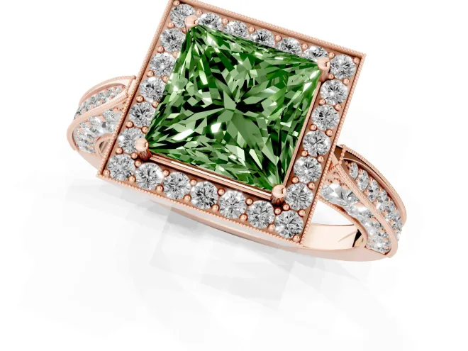 Fancy Green Princess Cut Diamond Halo Engagement Ring Set in Rose gold with Accent Split Shank Band – second view