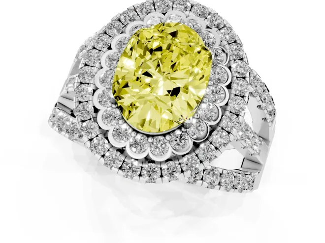Fancy Yellow Oval Cut Diamond Double Halo Ring Set in White gold with Round Pavé Split Shank – second view