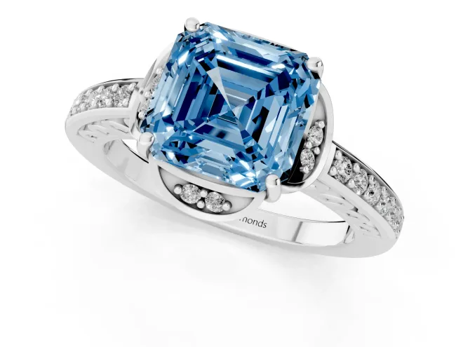 Fancy Blue Asscher Cut Diamond Halo Ring Set in Platinum with Channel Set Band and Prong Setting – second view