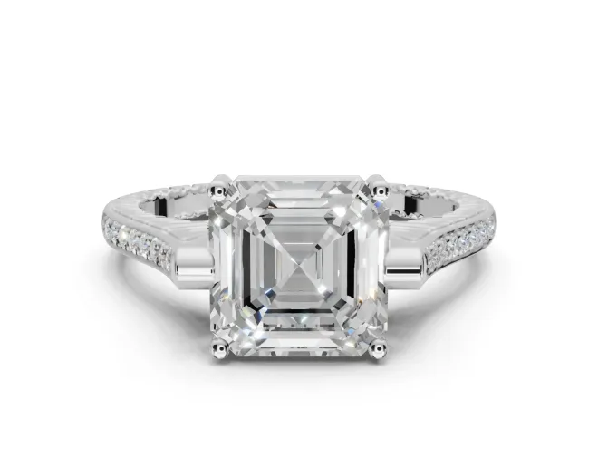 Asscher Cut Vintage Cathedral Engagement Ring Setting | Carved Band | Sterling Silver