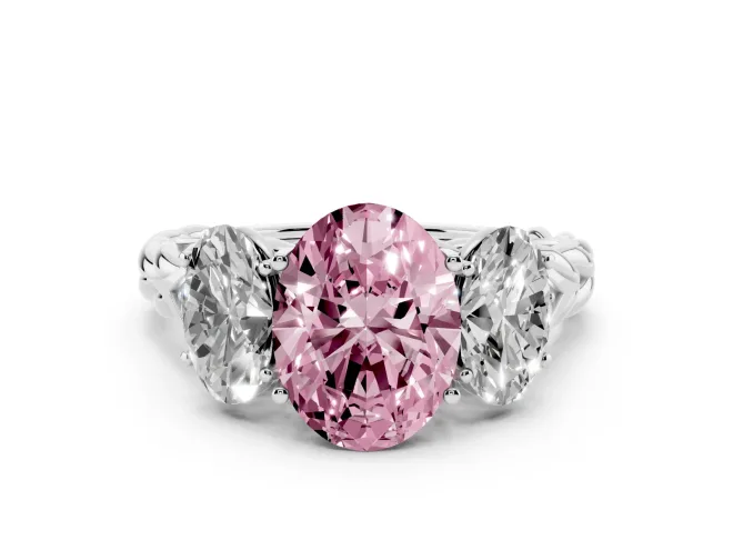 Fancy Pink Oval Cut Diamond Three-Stone Ring Set in Silver with Braided Band