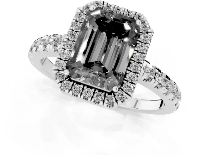 Fancy Black Emerald Cut Diamond Halo Ring Set in Platinum with Delicate Pavé Band and Prong Setting – second view