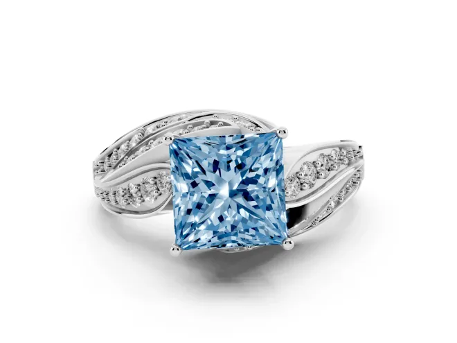 Fancy Blue Princess Cut Diamond Solitaire Ring Set in White gold with Layered Twist Pavé Band