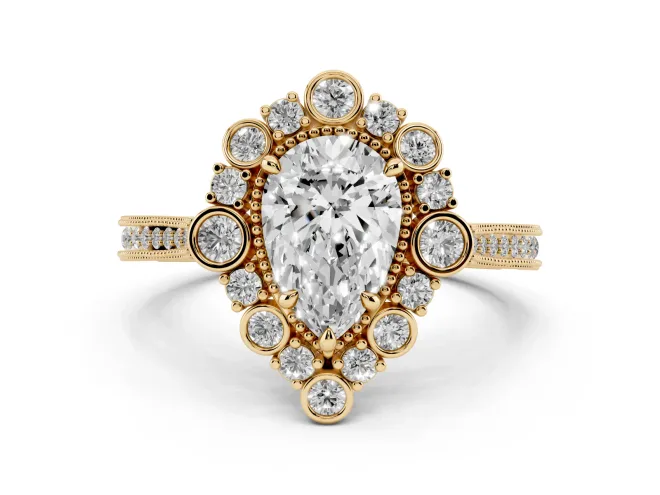 Pear-Shaped Vintage Scalloped Halo Engagement Ring Setting | Milgrain Pavé Band | Yellow Gold