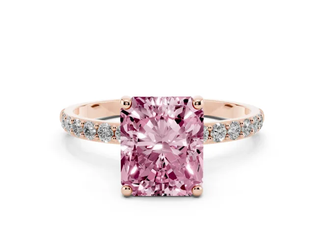 Fancy Pink Radiant Cut Diamond Solitaire Ring Set in Rose gold with Round Pavé Band and Prong Setting