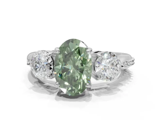 Oval Three Stone Engagement Ring Setting for a Fancy Green Lab-Grown Diamond | Tapered Pave Band | Sterling Silver