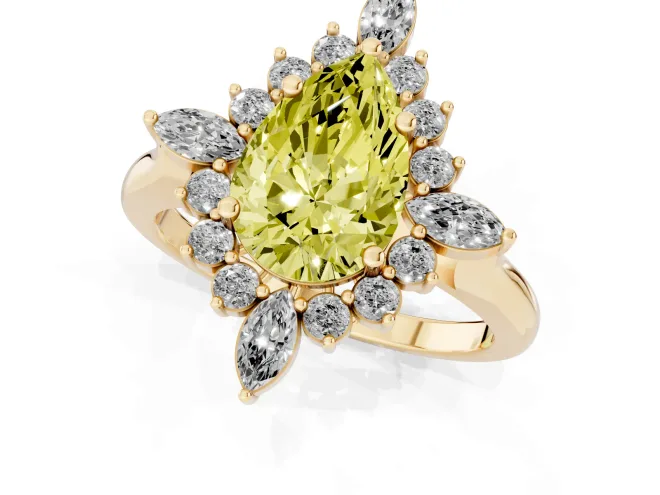 Fancy Yellow Pear Cut Diamond Cluster Halo Ring Set in Yellow gold with Marquise and Round Accents – second view