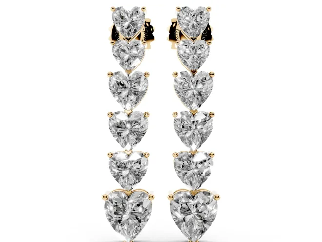 Heart Lab-Grown Diamond Graduated Linear Drop Earrings | Six Stacked Hearts | Yellow Gold