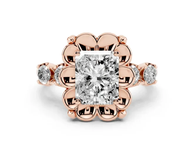 Radiant Cut Diamond Floral Halo Ring Set in Rose gold with Shared Prong Band