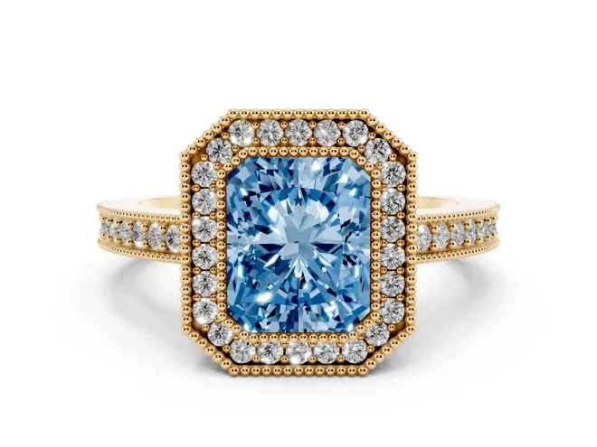 Fancy Blue Radiant Cut Diamond Halo Engagement Ring Set in Yellow gold with Pavé Band and Round Halo Stones