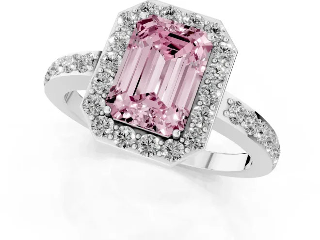 Fancy Pink Emerald Cut Diamond Halo Ring Set in Platinum with Pavé-Setting Band and Open Prong Center – second view