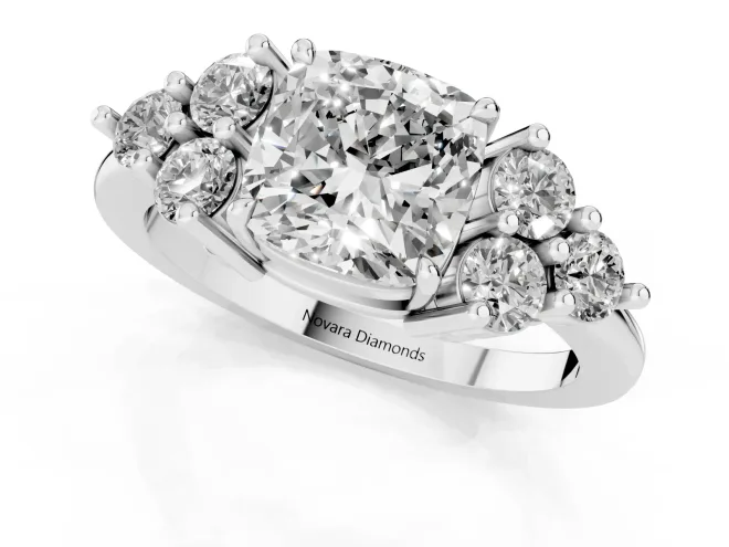 Cushion Cut Diamond Solitaire Ring Set in Silver with Cluster Accents on Each Side – second view