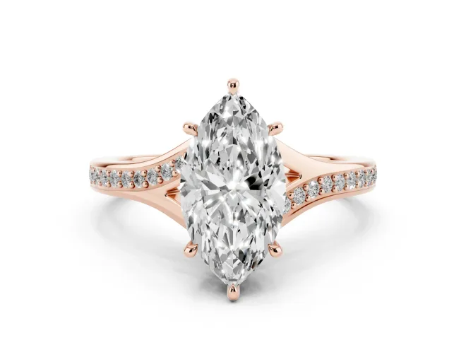 Marquise Cut Diamond Solitaire Ring Set in Rose gold with Pavé Accent Band and Classic Prong Setting