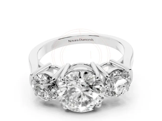 Round Cut Diamond Three-Stone Ring Set in White gold with Round Accent Stones and Plain Band