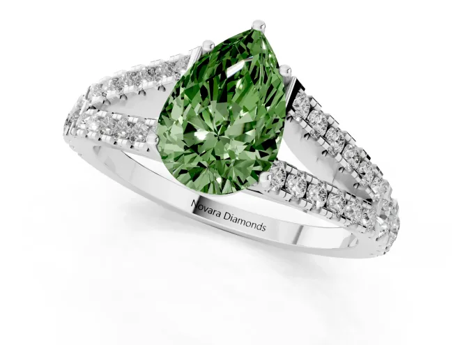 Fancy Green Pear Cut Diamond Split Shank Pavé Engagement Ring Set in Platinum with Prong-Held Center Stone – second view