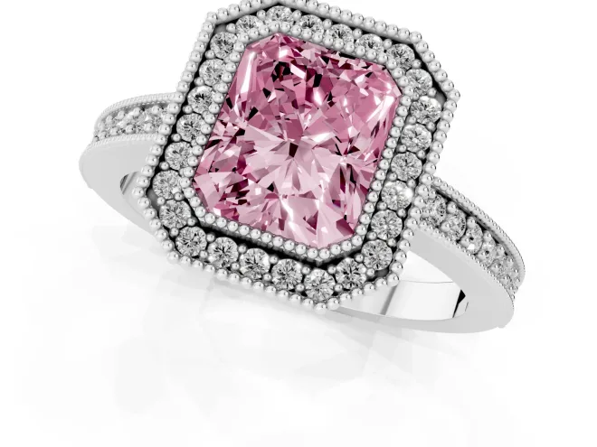 Fancy Pink Radiant Cut Diamond Halo Engagement Ring Set in Platinum with Pavé Band and Round Halo Stones – second view