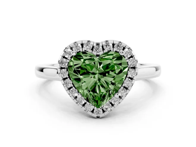 Fancy Green Heart Cut Halo Round Diamond Solitaire Ring Set in White gold with Pavé Band and Prong Setting