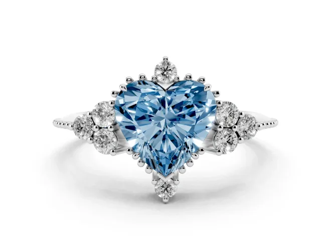 Fancy Blue Heart Cut Diamond Cluster Ring Set in Platinum with Beaded Band