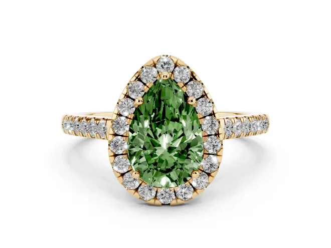 Fancy Green Pear Cut Diamond Halo Pavé Engagement Ring Set in Yellow gold with Prong Setting