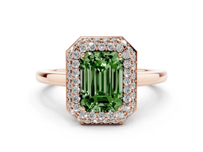 Emerald Cut Pavé Halo Engagement Ring Setting for a Fancy Green Lab-Grown Diamond | Slim Plain Band | Rose Gold