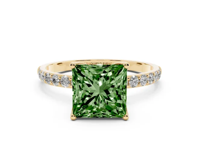 Princess Cut Pavé Solitaire Engagement Ring Setting for a Fancy Green Lab-Grown Diamond | Slim Band | Yellow Gold