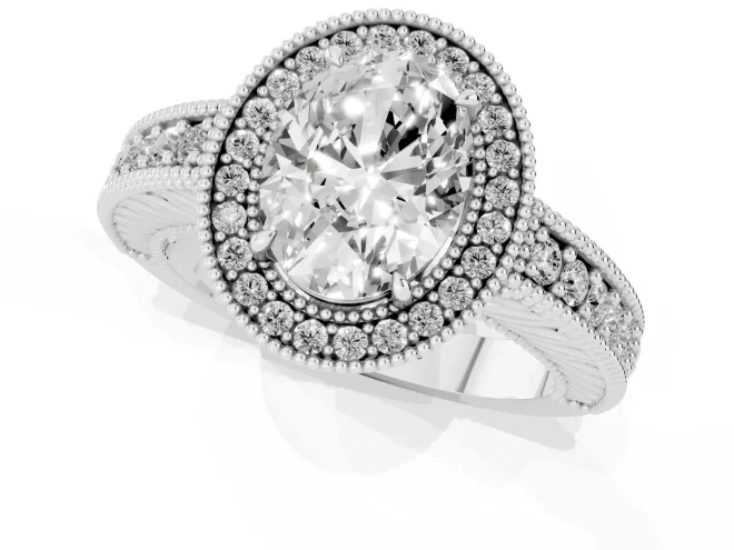Oval Cut Diamond Halo Ring Set in White gold with Round Accent Halo, Pavé Band and Prong Setting – second view