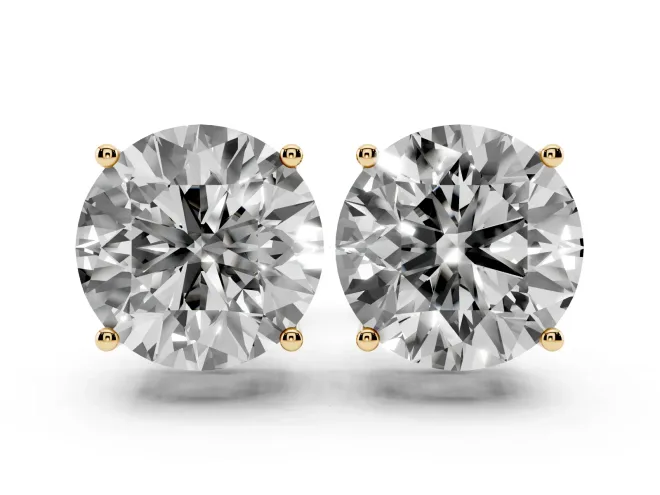 Round Cut Diamond Solitaire Stud Earrings Set in Yellow gold with Basket Setting