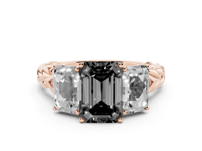 Emerald Cut Three Stone Engagement Ring Setting for a Black Center | Braided Band | Rose Gold
