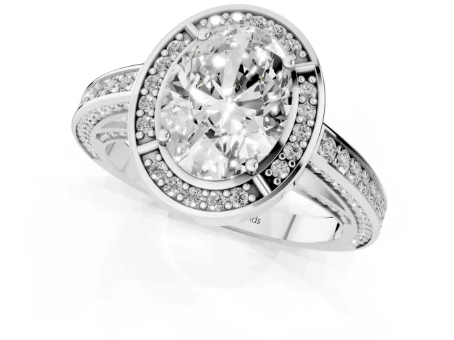 Oval Cut Diamond Halo Pavé Split Shank Ring Set in Silver with Prong Setting – second view