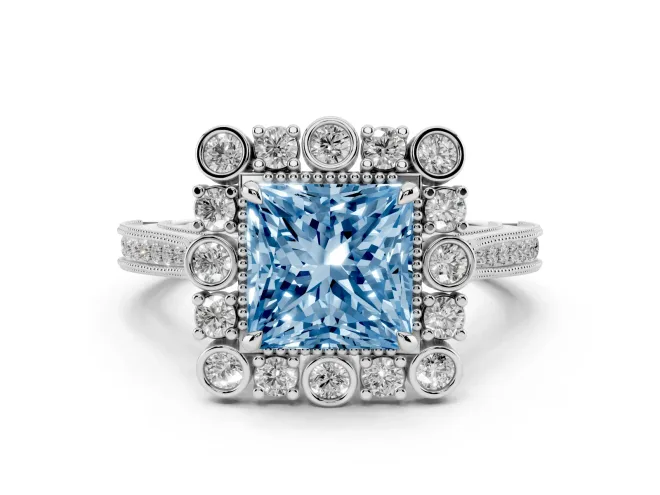 Princess Cut Halo Engagement Ring Setting for a Fancy Blue Lab-Grown Diamond | Sterling Silver - Design NV-24753