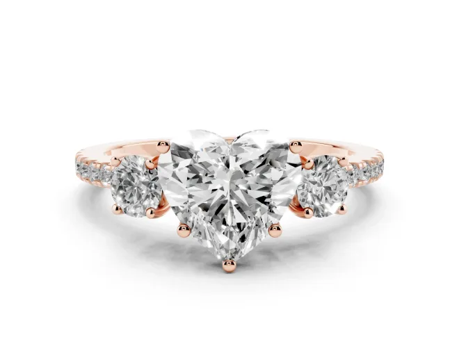 Heart-Shaped Three Stone Engagement Ring Setting | Pavé Shoulders | Rose Gold