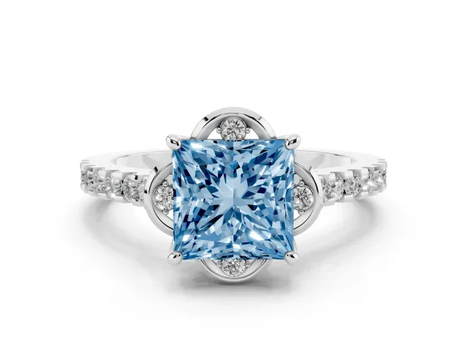 Princess Cut Floral Petal Engagement Ring Setting for a Fancy Blue Lab-Grown Diamond | Petal Accents | White Gold